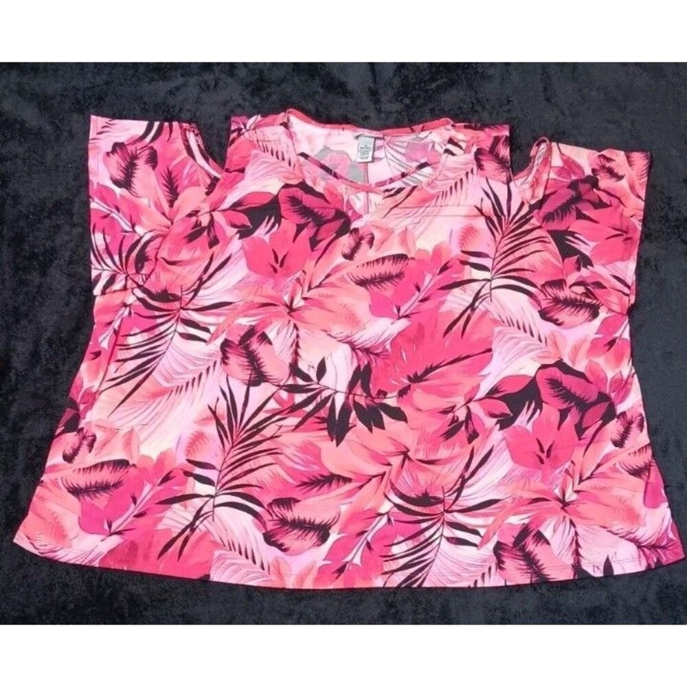 Catherines Strappy Cold Shoulder Tunic Blouse 3X Fuchsia Pink Tropical Palm Boho